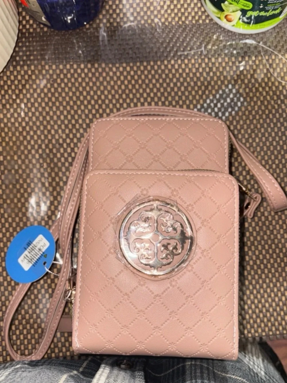 Taupe Quilted Crossbody Bag with Gold-Tone Medallion